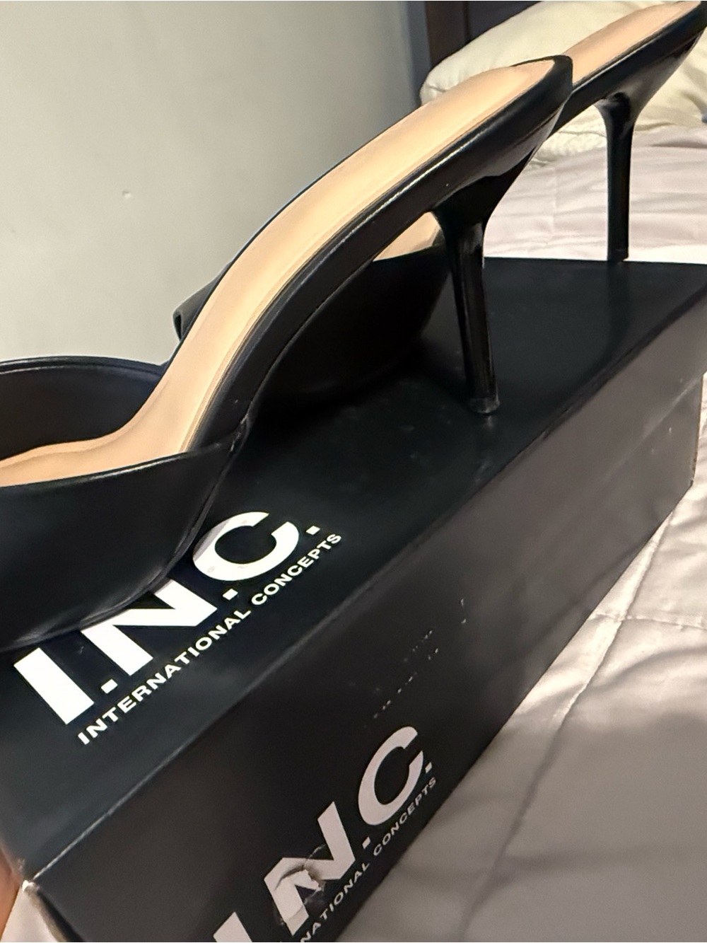 INC International Concepts Black Leather Open-Back Mule Heels